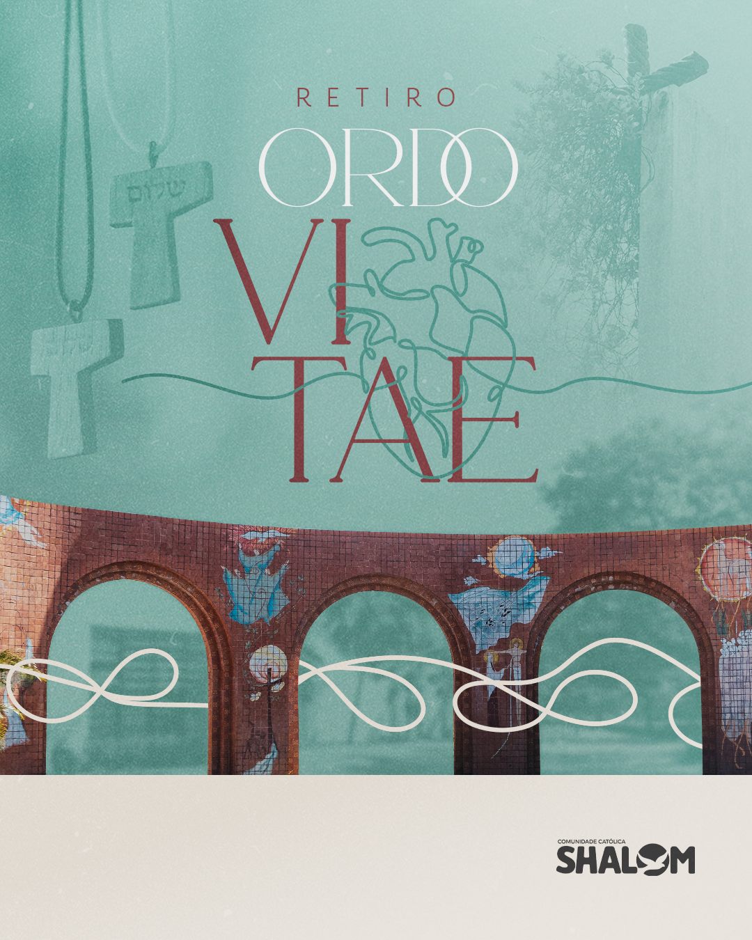 Arte do Retiro Ordo Vitae: o nome sobre fundo verde-água, com cruzes Tau, um coração desenhado em linha contínua e arcos de mosaico.